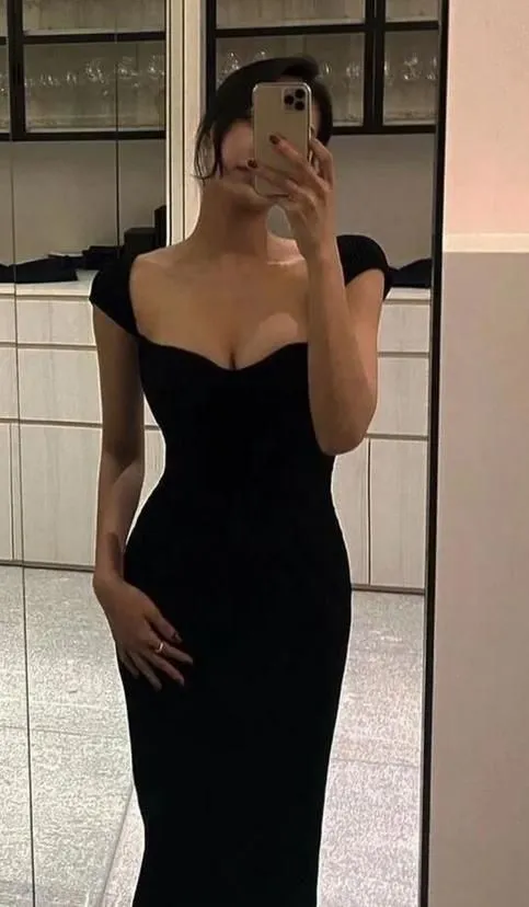 JazzHer Simple Floor Length Black Prom Dresses Evening Dress With Cap Sleeves (PRE-ORDER)