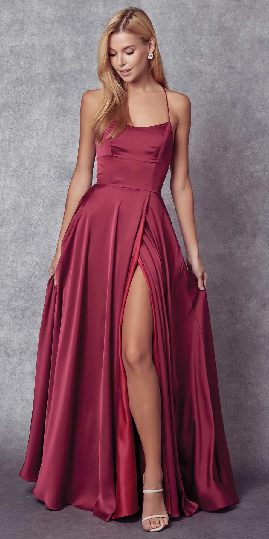 Juliet 278 Formal A-Line Satin Gown with Side Pockets