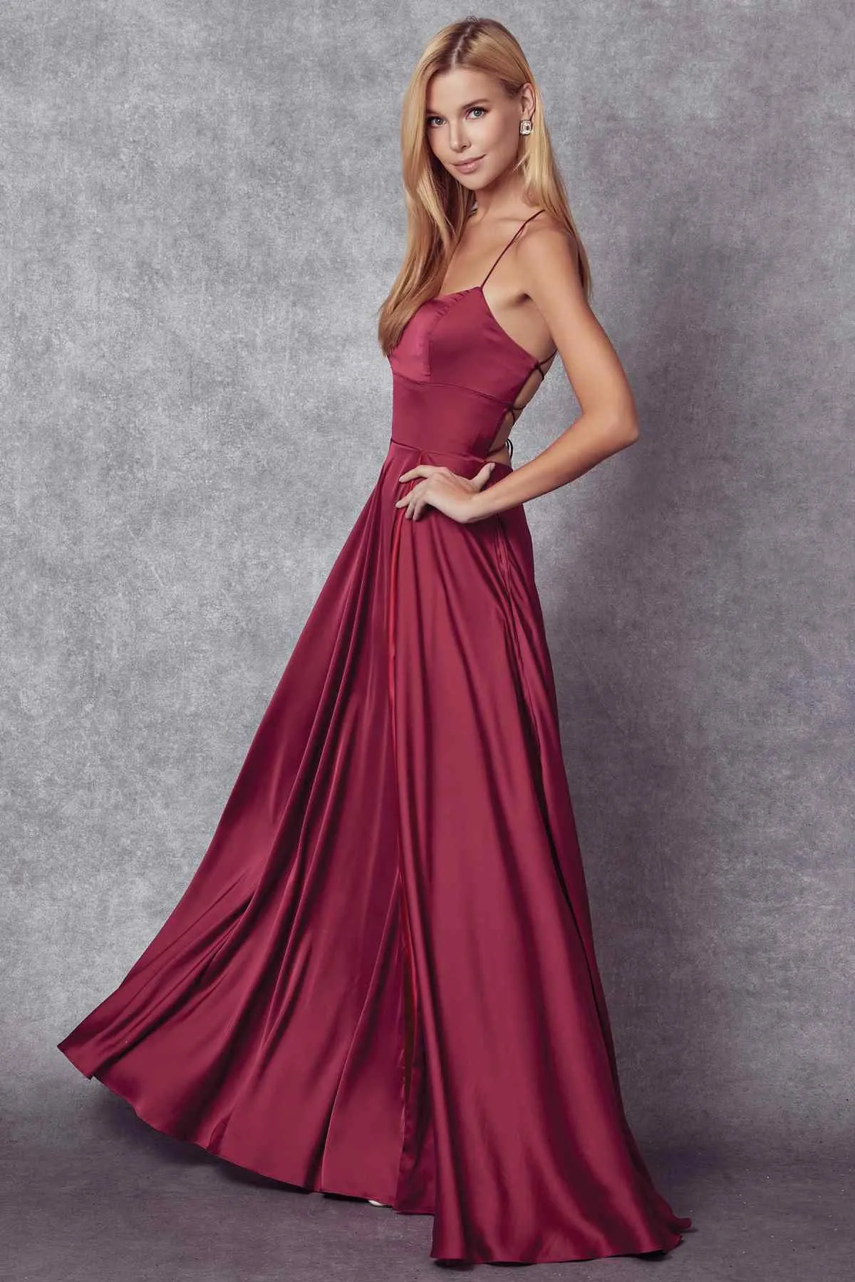 Juliet 278 Formal A-Line Satin Gown with Side Pockets