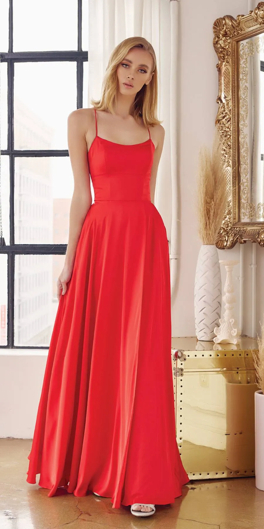 Juliet 278 Formal A-Line Satin Gown with Side Pockets
