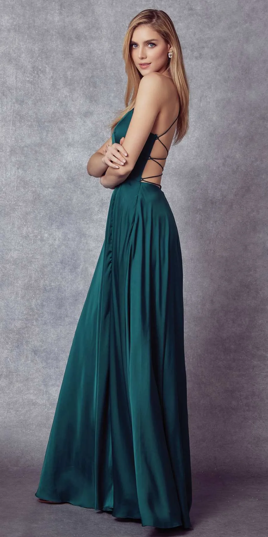 Juliet 278 Formal A-Line Satin Gown with Side Pockets