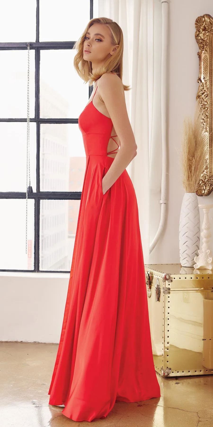 Juliet 278 Formal A-Line Satin Gown with Side Pockets