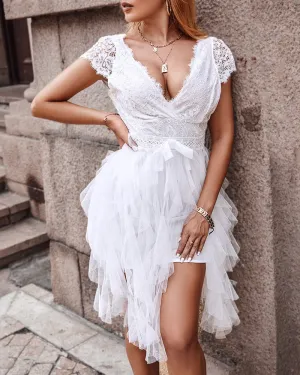 Lace Patch Sheer Mesh Sleeveless Party Dress
