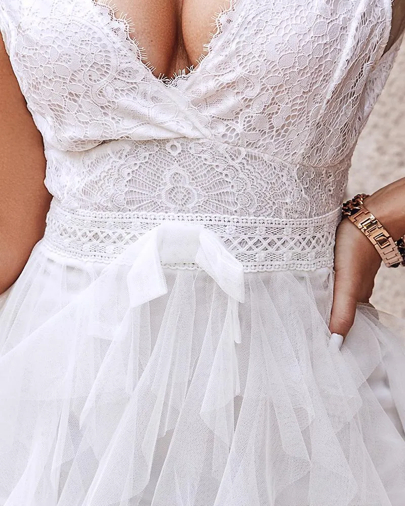 Lace Patch Sheer Mesh Sleeveless Party Dress