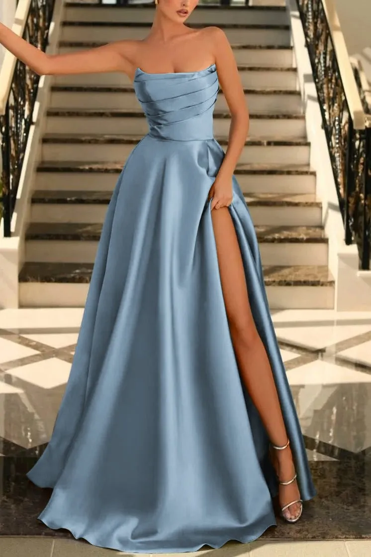 Lachlan | Satin A-Line Scoop Empire-Waist Pleated Satin High Slit Formal Prom Dress