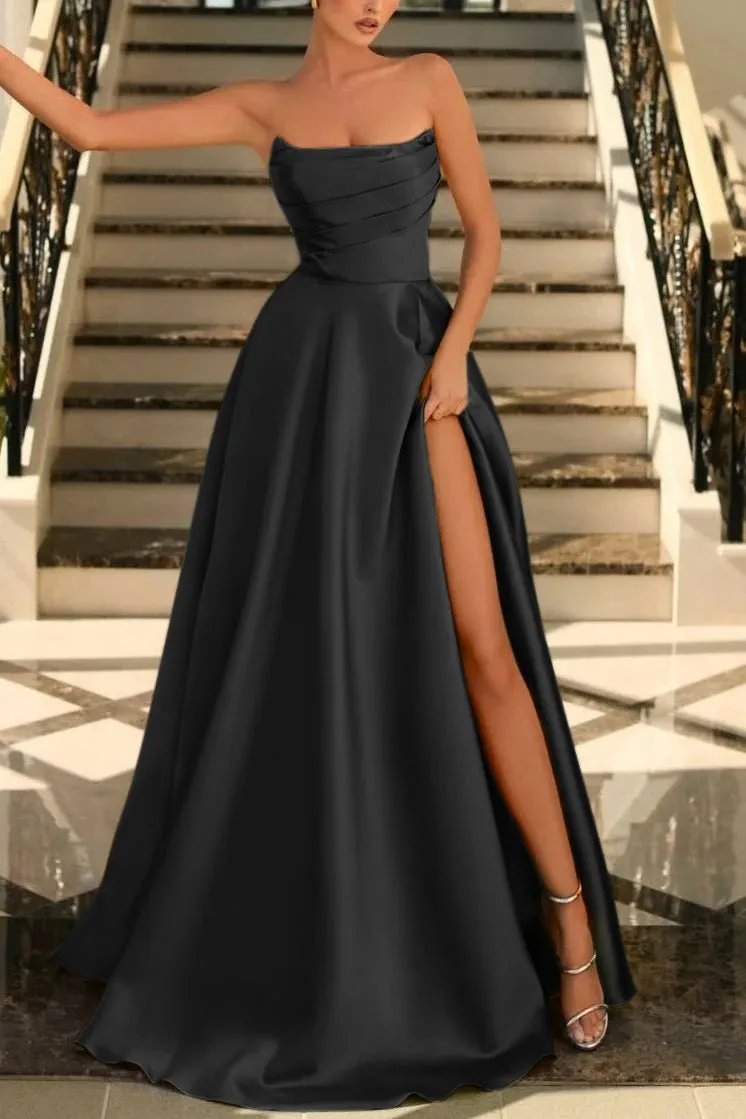 Lachlan | Satin A-Line Scoop Empire-Waist Pleated Satin High Slit Formal Prom Dress