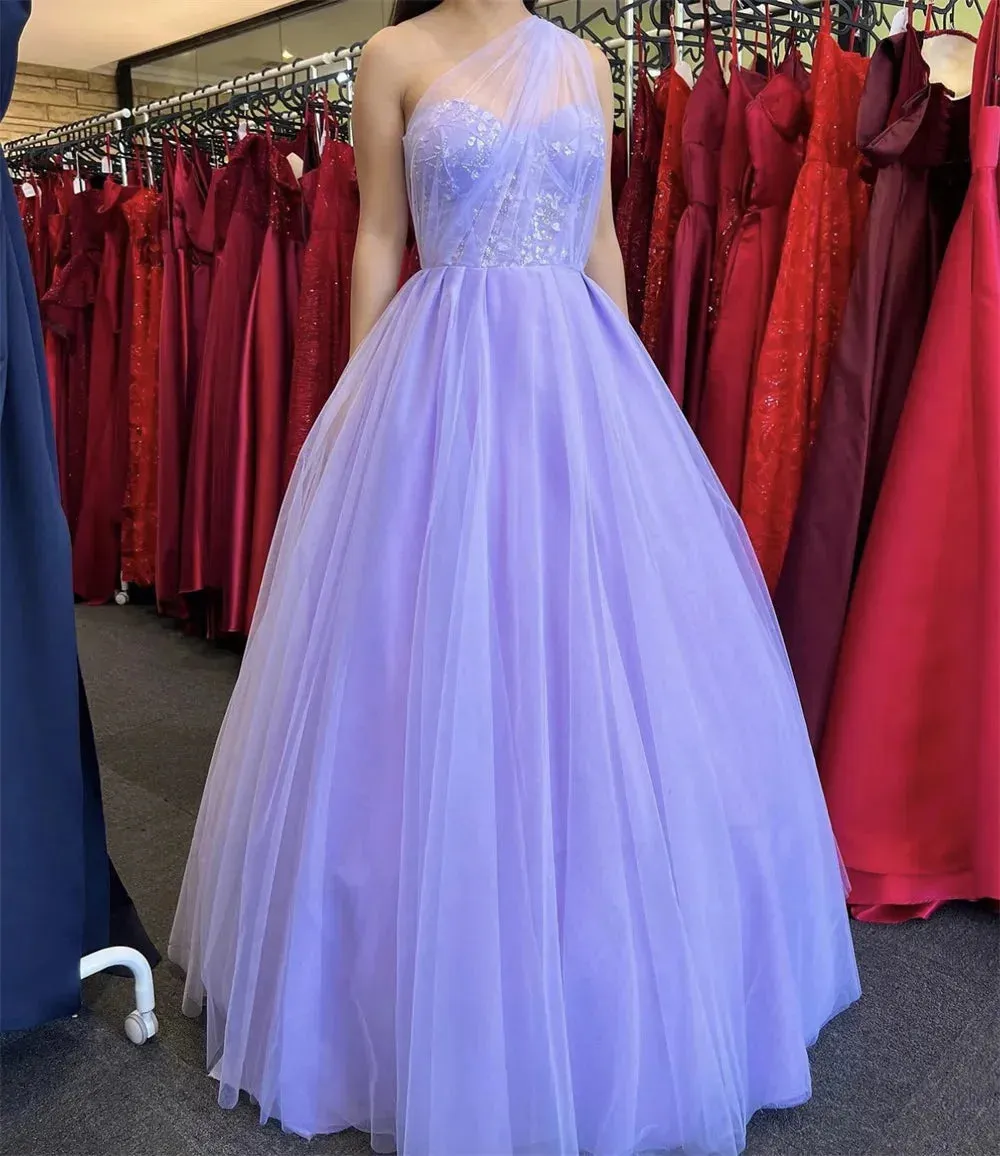 Lavender Tulle Prom Dresses One Shoulder A-line Wedding Dress Elegant Sleeveless Floor-Length Vestidos De Fiesta