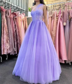 Lavender Tulle Prom Dresses One Shoulder A-line Wedding Dress Elegant Sleeveless Floor-Length Vestidos De Fiesta