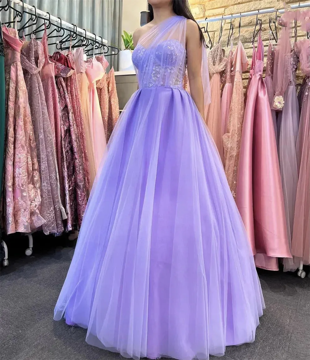 Lavender Tulle Prom Dresses One Shoulder A-line Wedding Dress Elegant Sleeveless Floor-Length Vestidos De Fiesta