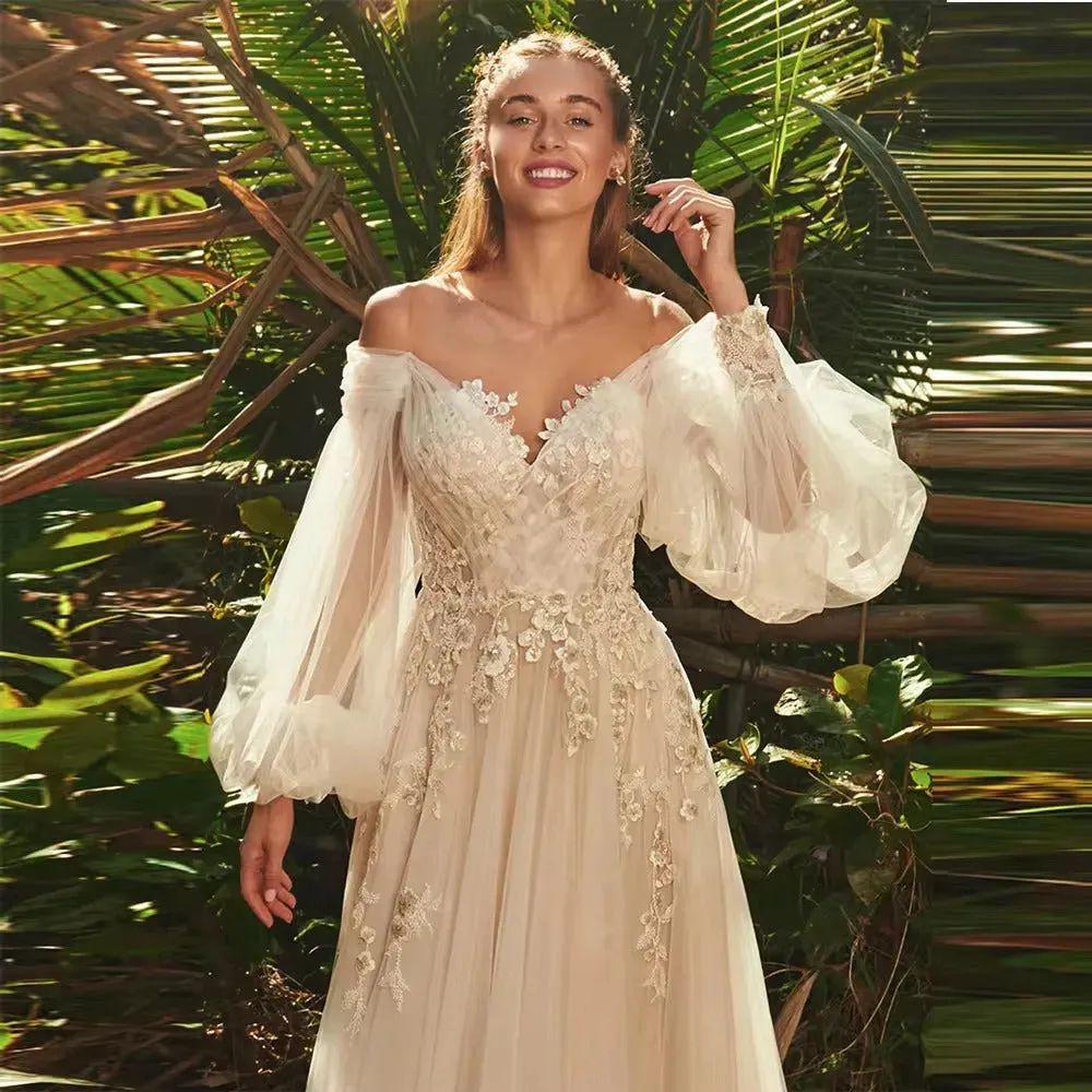 Light Champagne Wedding Dresses Pastrol Puff Long Sleeves 3D Flowers Bride Gowns A-Line Sexy Backless vestidos de novia
