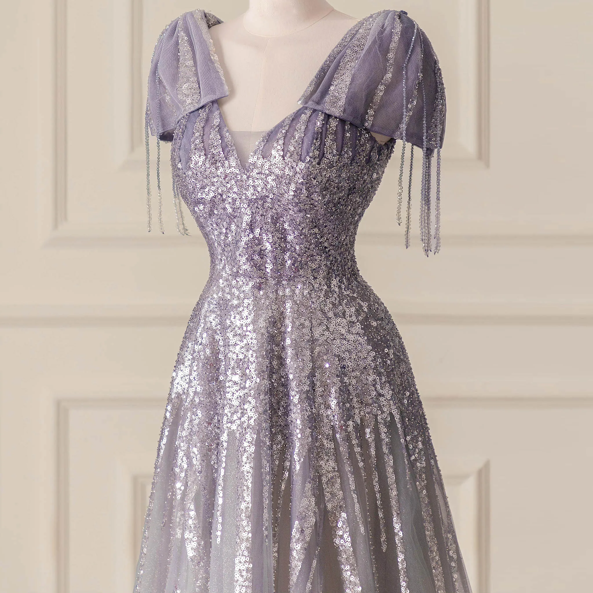 Lilac Sequin Formal Dress Prom Evening Party Gown with Capped Sleeve