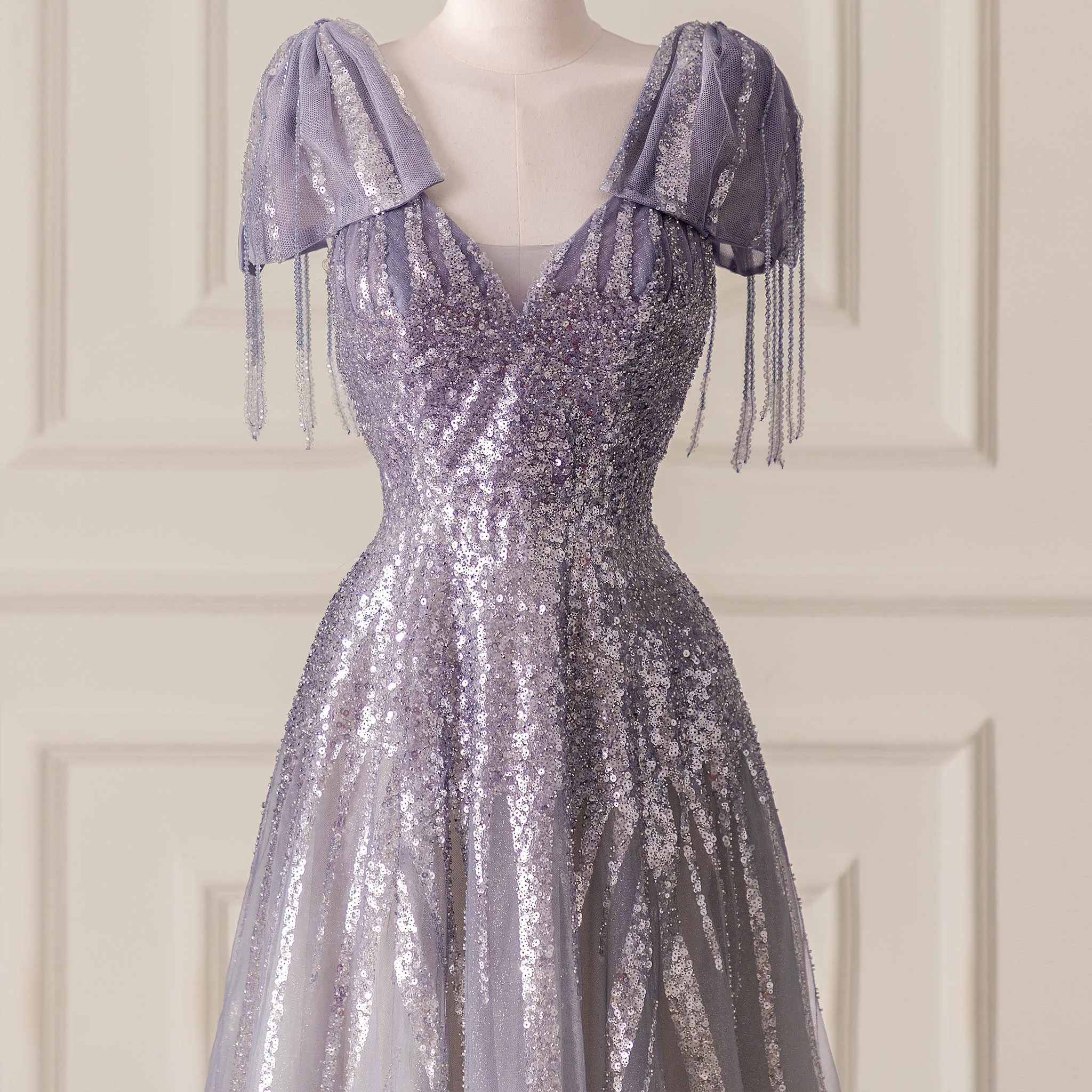 Lilac Sequin Formal Dress Prom Evening Party Gown with Capped Sleeve