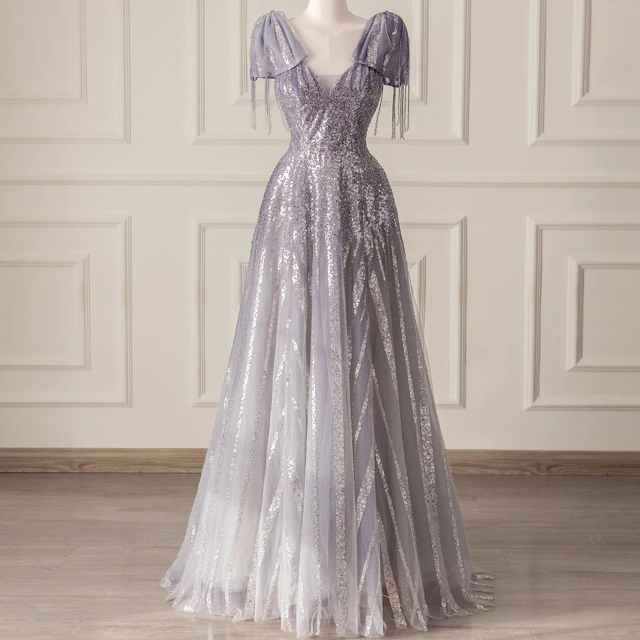 Lilac Sequin Formal Dress Prom Evening Party Gown with Capped Sleeve