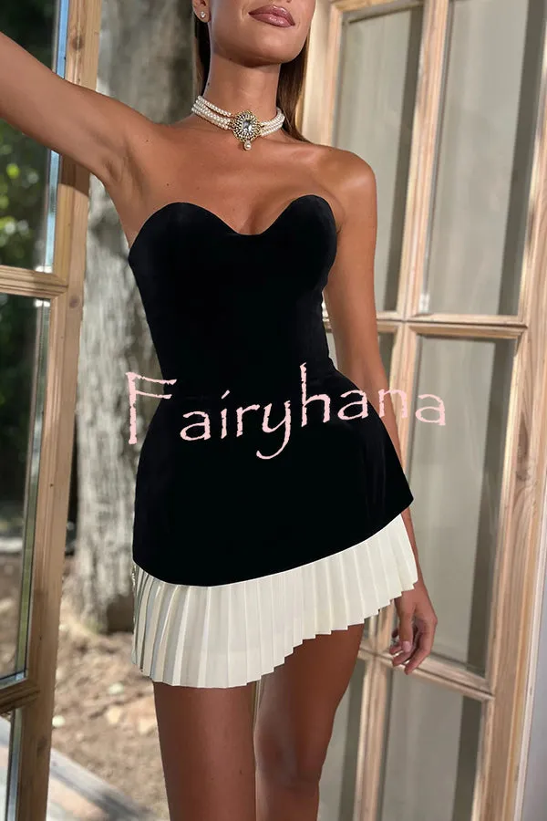 Lindsey Velvet Off Shoulder Sweetheart Neck  Patchwork Pleated Mini Dress