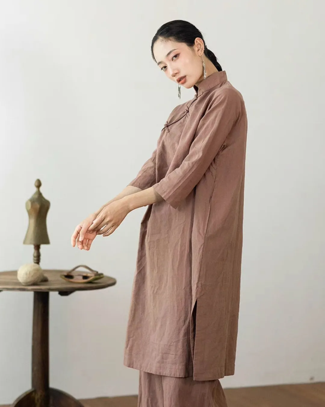 Linen Cheongsam Qipao Dress in Light Brown