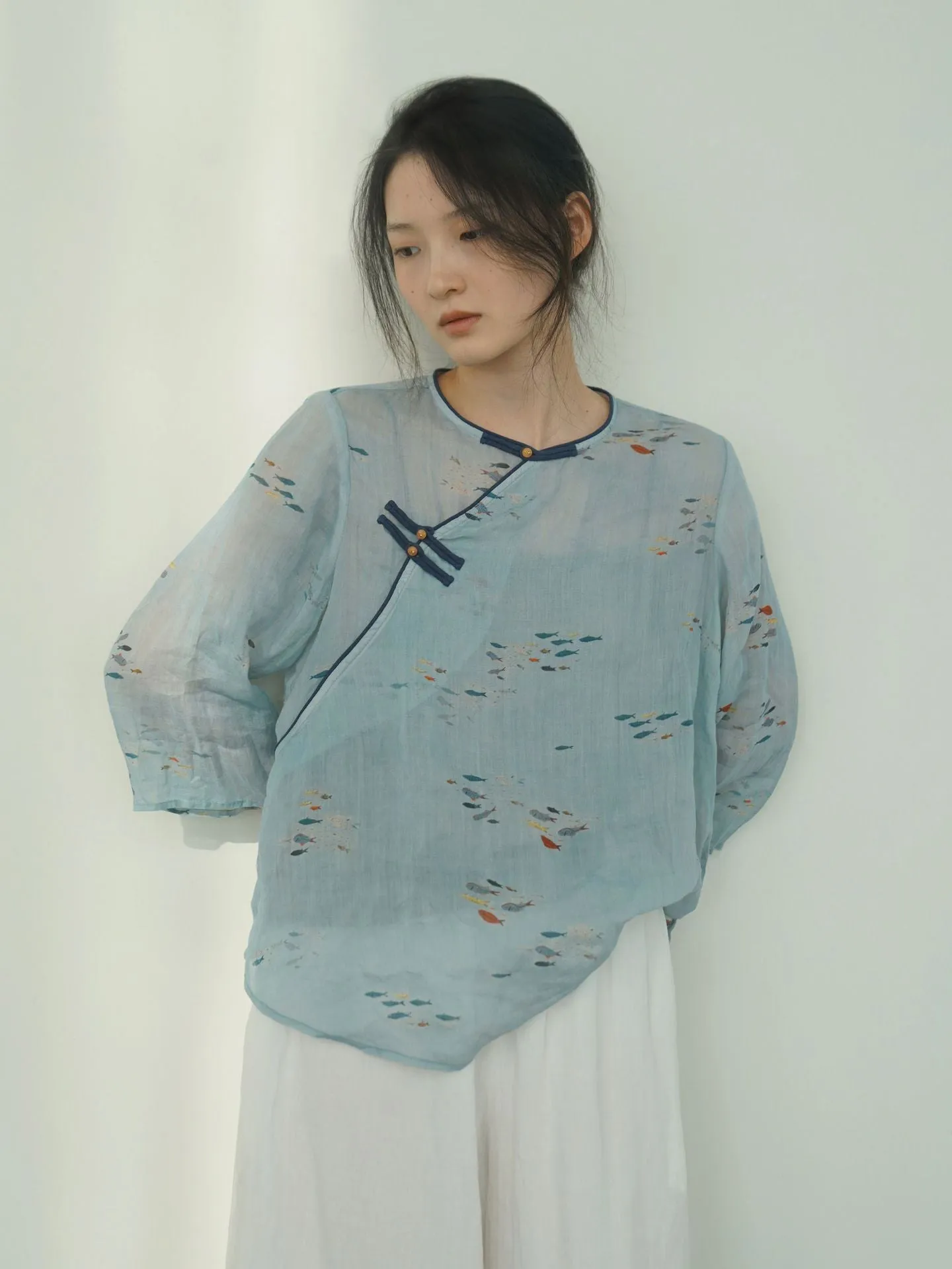 Little Fish Cheongsam Qipao Top in Blue