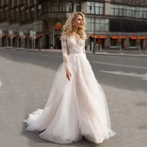 Long Sleeve Boho V neck Ivory Lace Appliques Beach Wedding Dresses