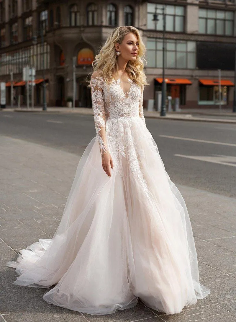 Long Sleeve Boho V neck Ivory Lace Appliques Beach Wedding Dresses