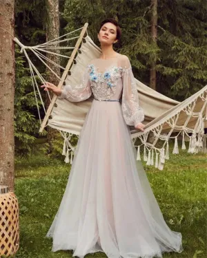 Long Sleeve Flowers Appliqued Evening Dresses Criss Cross Back Buttons Formal Party Gowns vestidos de gala