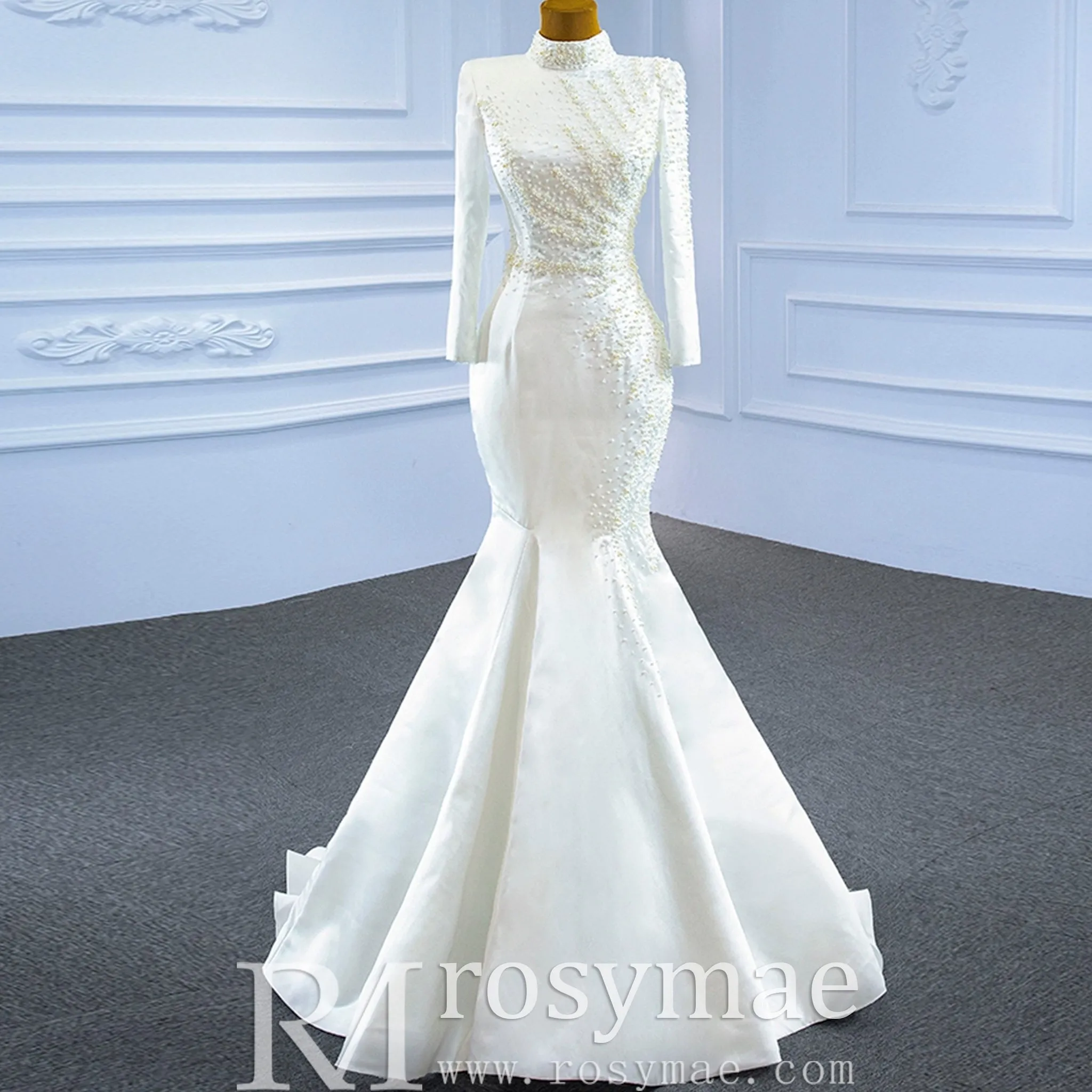 Long Sleeve O-Neck Mermaid Wedding Dress with Detachable Skirt