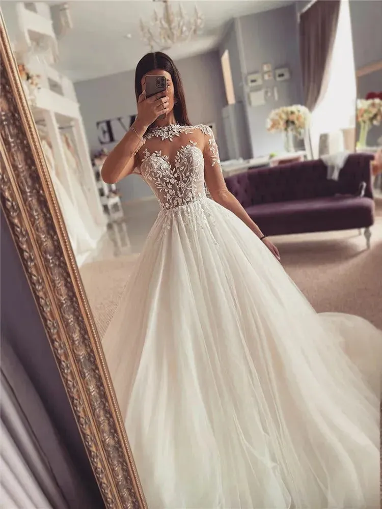 Long Sleeve Wedding Dresses A Line High Neck Bridal Dress Appliqued Lace Wedding Gowns