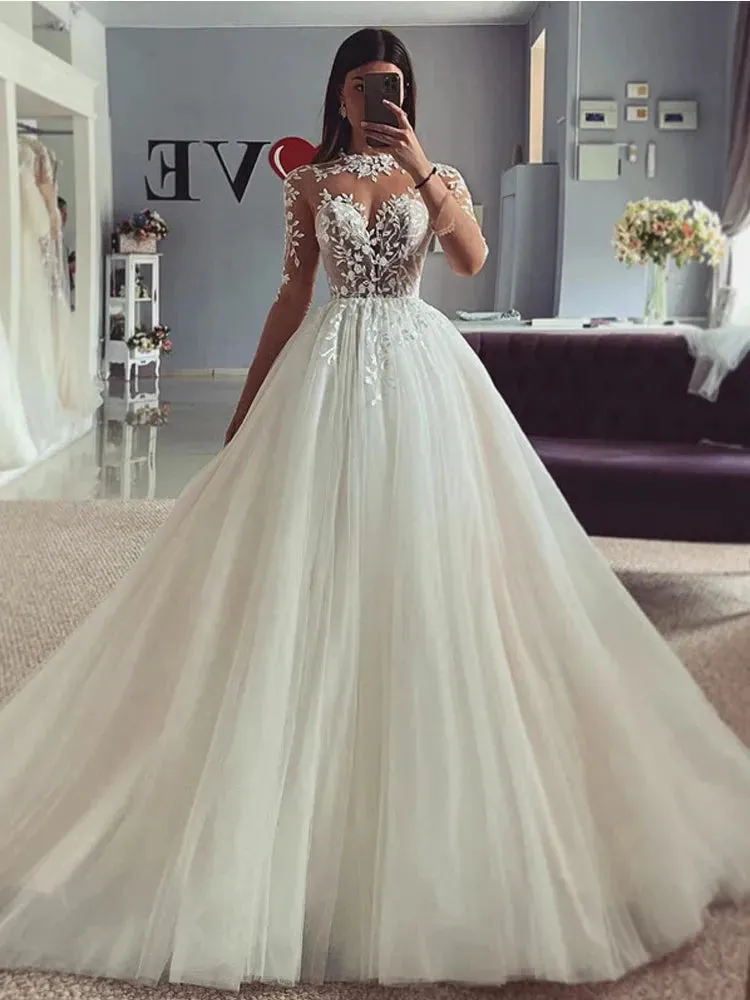 Long Sleeve Wedding Dresses A Line High Neck Bridal Dress Appliqued Lace Wedding Gowns