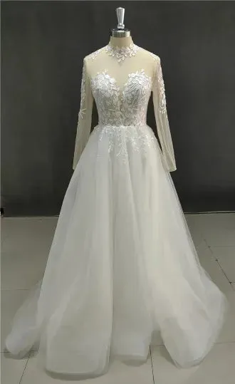 Long Sleeve Wedding Dresses A Line High Neck Bridal Dress Appliqued Lace Wedding Gowns