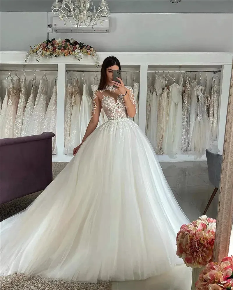 Long Sleeve Wedding Dresses A Line High Neck Bridal Dress Appliqued Lace Wedding Gowns