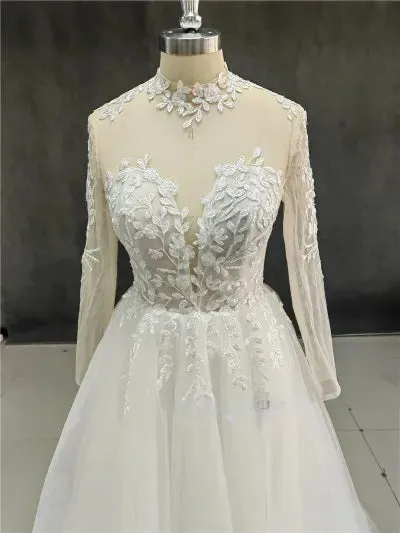 Long Sleeve Wedding Dresses A Line High Neck Bridal Dress Appliqued Lace Wedding Gowns