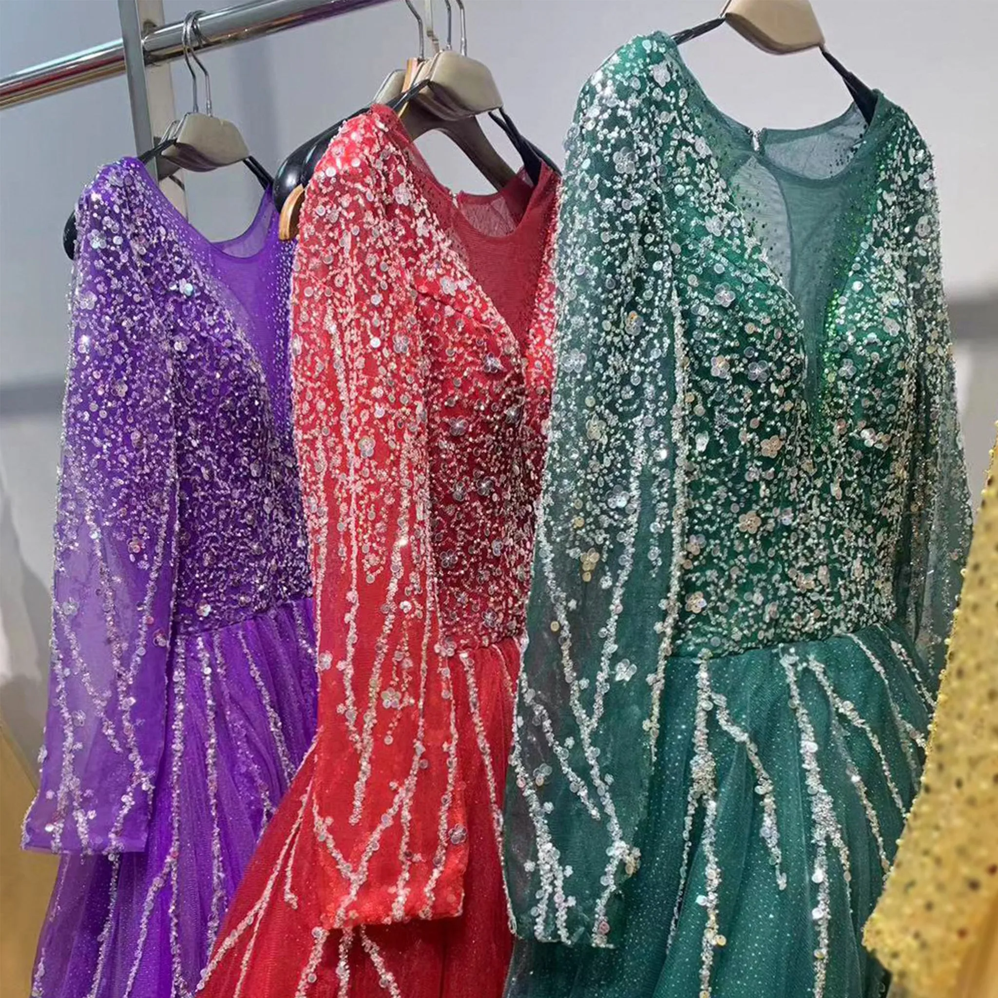 Long Sleeves O-Neck Beads Ball Gown Purple Prom Dress