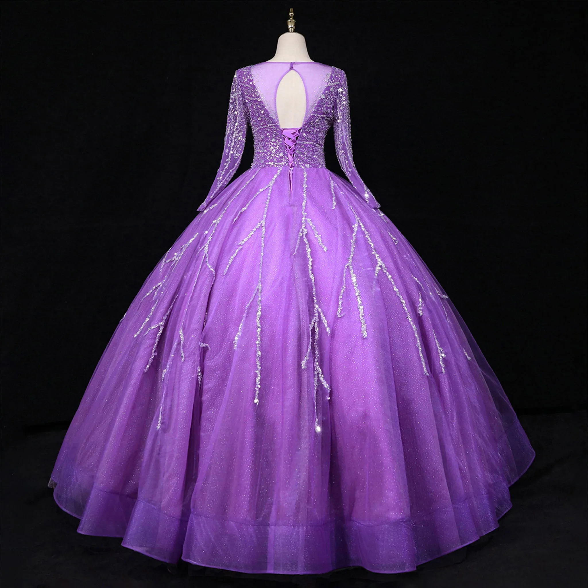 Long Sleeves O-Neck Beads Ball Gown Purple Prom Dress