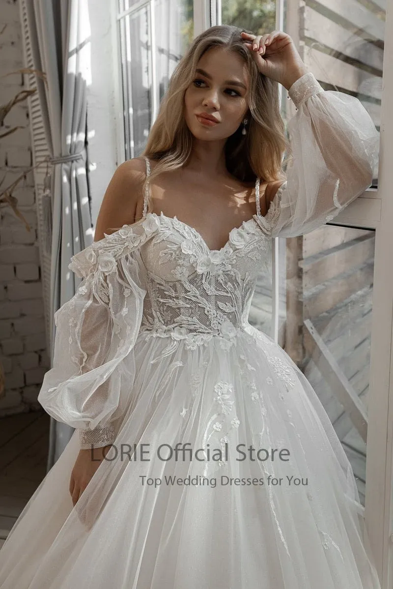 LORIE Glitter Wedding Dresses Puff Sleeve Appliques Lace 3D Flowers off Shoulder