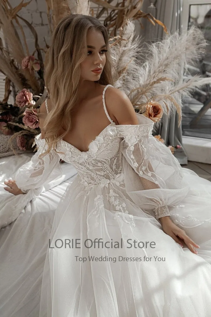 LORIE Glitter Wedding Dresses Puff Sleeve Appliques Lace 3D Flowers off Shoulder