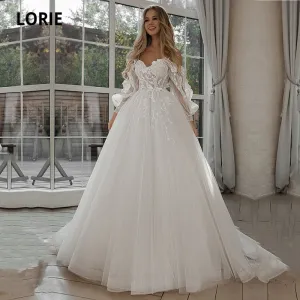 LORIE Glitter Wedding Dresses Puff Sleeve Appliques Lace 3D Flowers off Shoulder