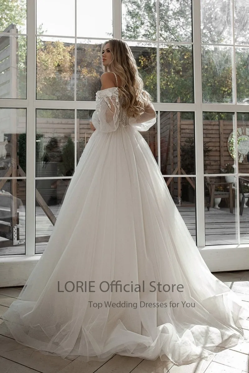 LORIE Glitter Wedding Dresses Puff Sleeve Appliques Lace 3D Flowers off Shoulder