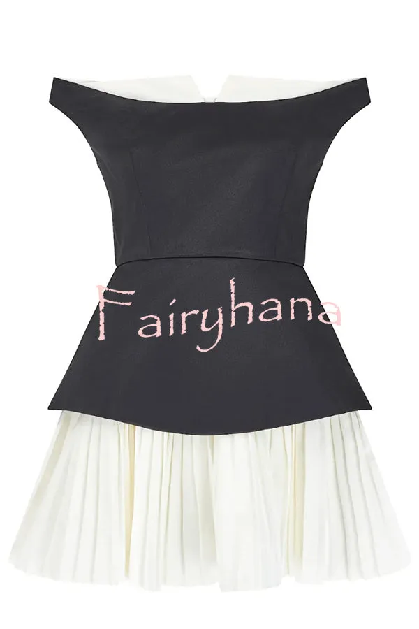 Love Unscripted Patchwork Off-shoulder Sleeveless Pleated Mini Dress