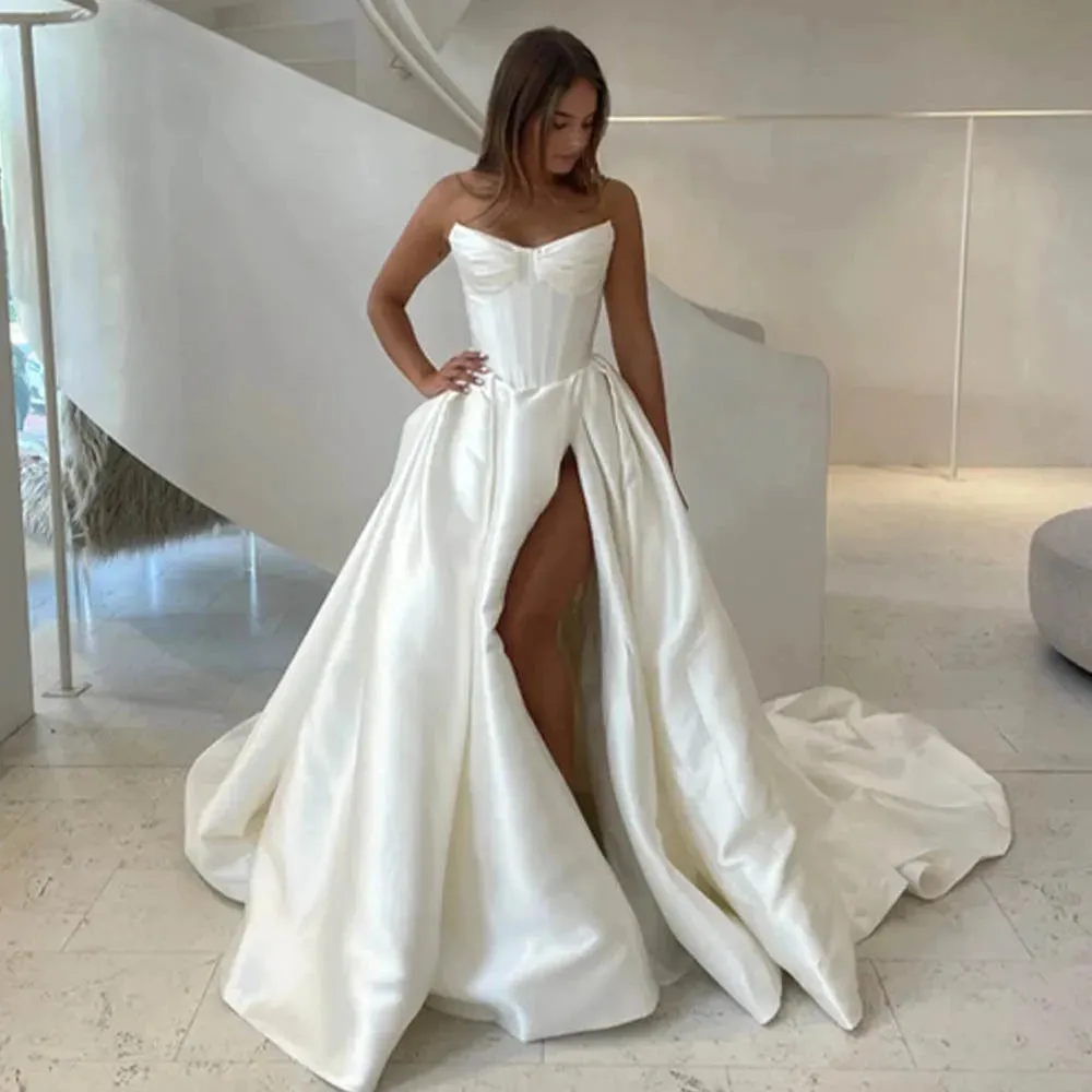 Luxurious Sweethart Satin A Line Wedding Dresses Side Slit Sweep Train Custom Made Vestido De Noival