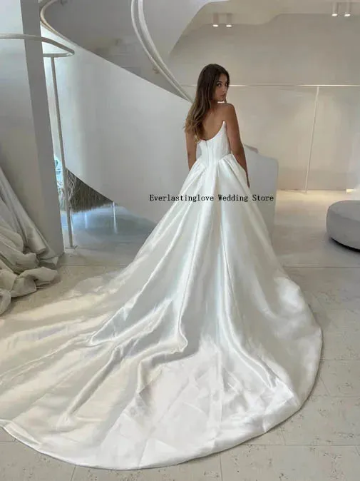 Luxurious Sweethart Satin A Line Wedding Dresses Side Slit Sweep Train Custom Made Vestido De Noival
