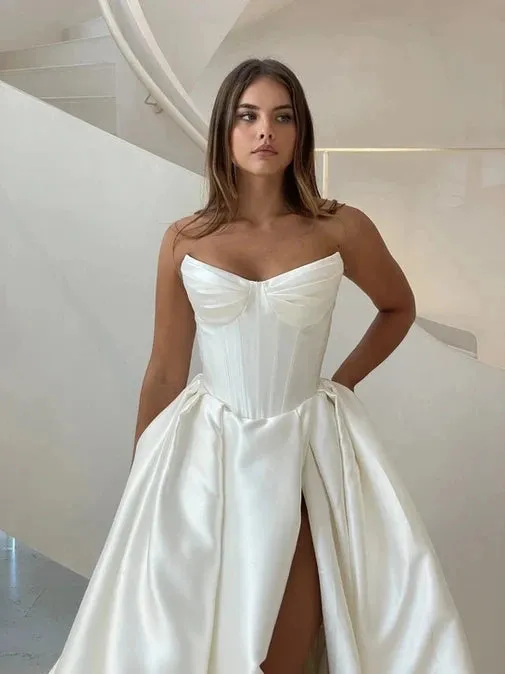 Luxurious Sweethart Satin A Line Wedding Dresses Side Slit Sweep Train Custom Made Vestido De Noival
