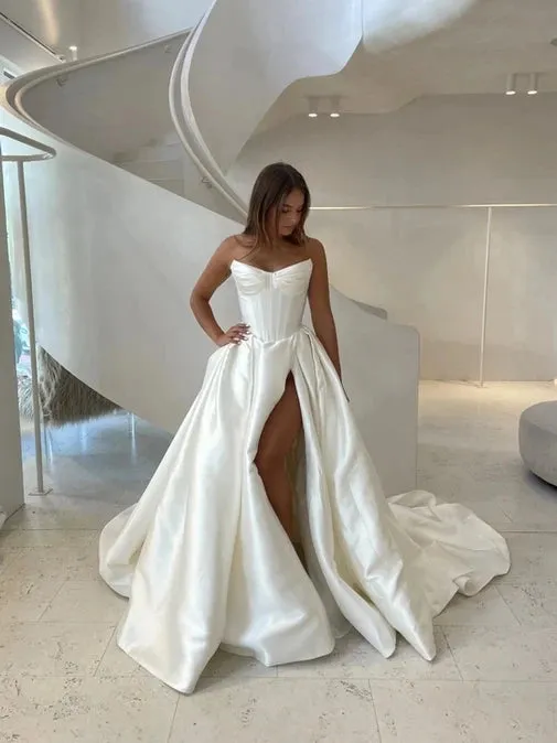 Luxurious Sweethart Satin A Line Wedding Dresses Side Slit Sweep Train Custom Made Vestido De Noival