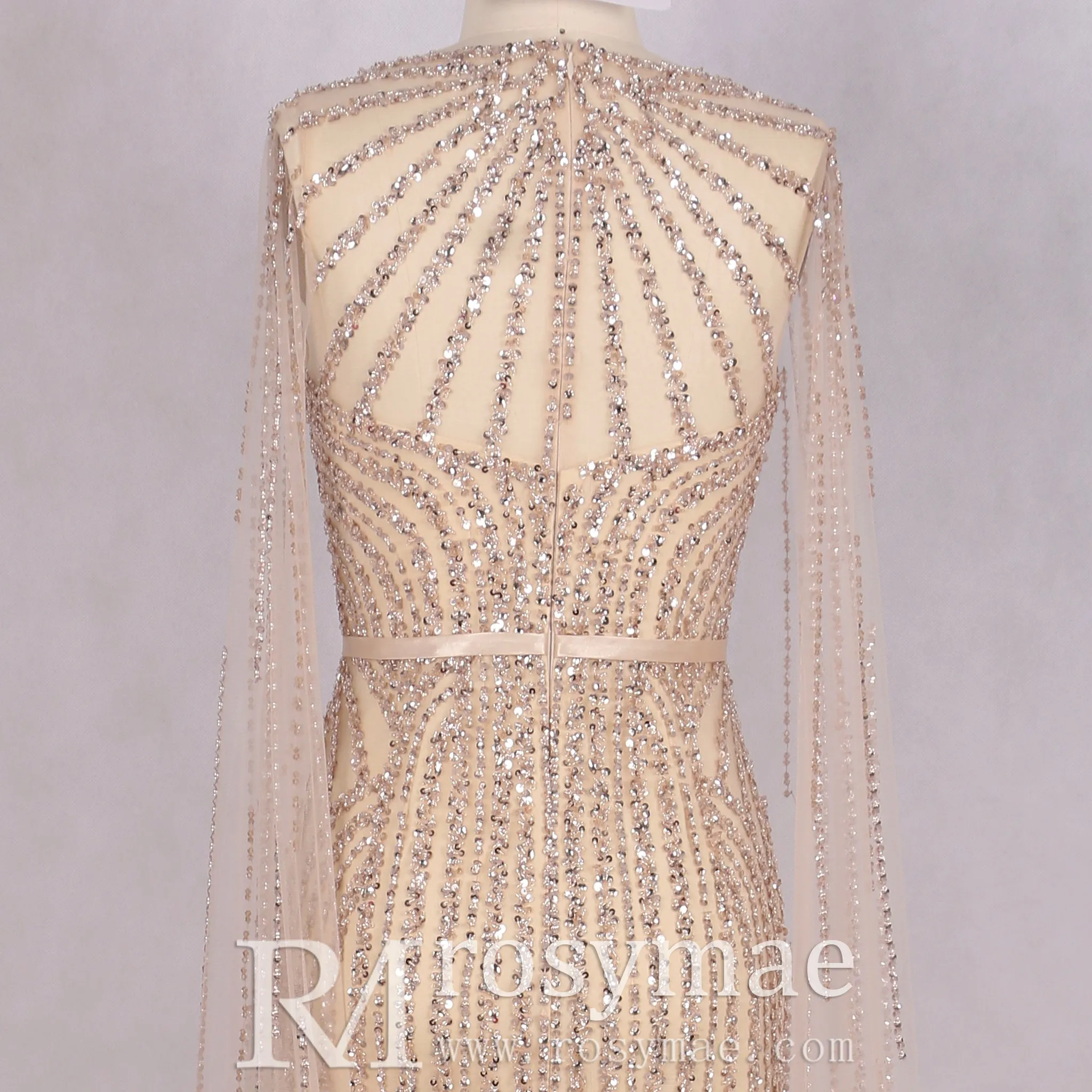 Luxury Champagne Mermaid Evening Dresses with Long Sleeve