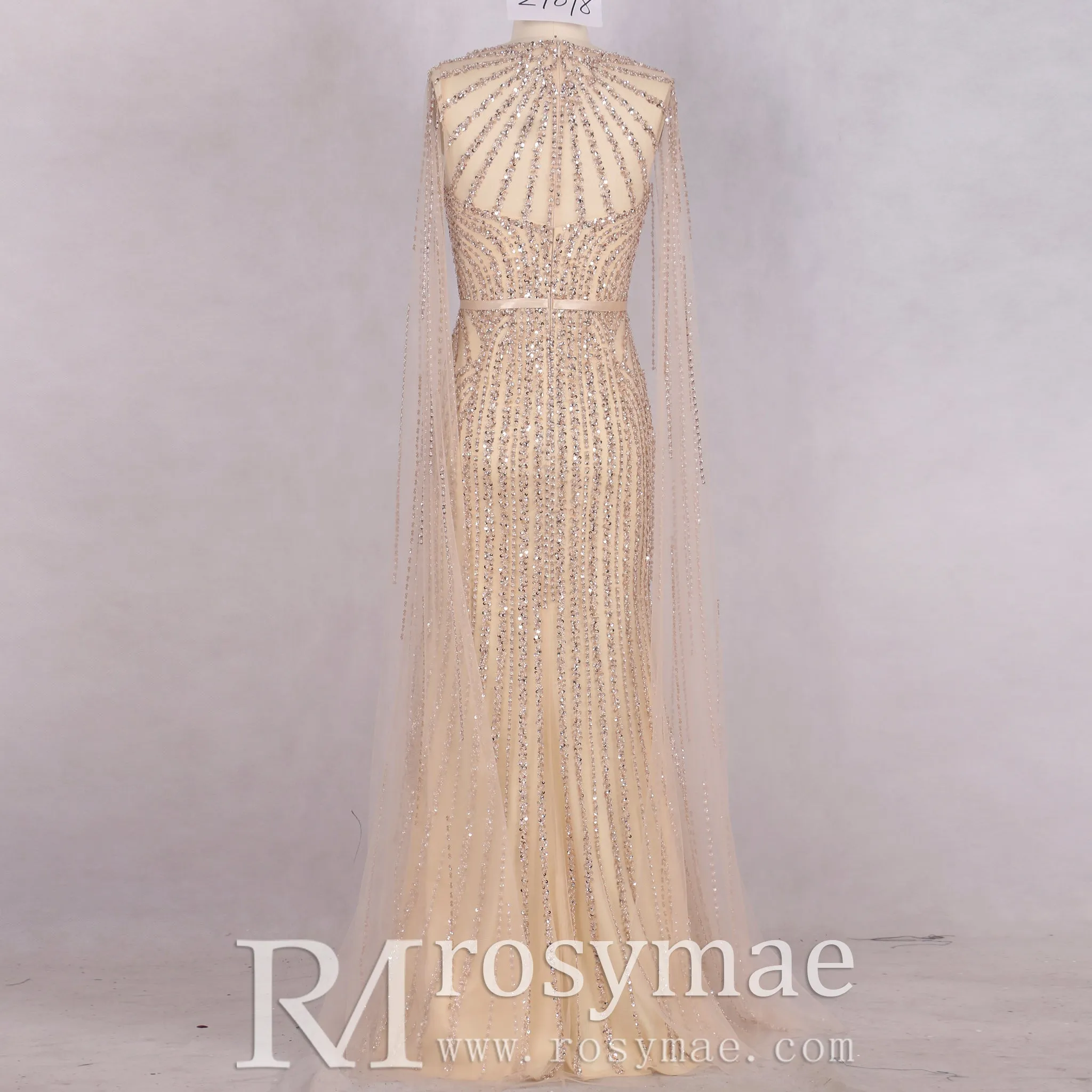 Luxury Champagne Mermaid Evening Dresses with Long Sleeve