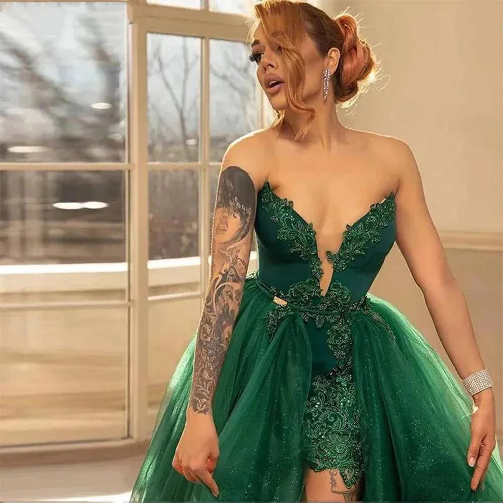 Luxury Cocktail Ball Gown Prom Dress Green Detachable Tail Formal Occasion Dresses Sweep Train Evening Dress