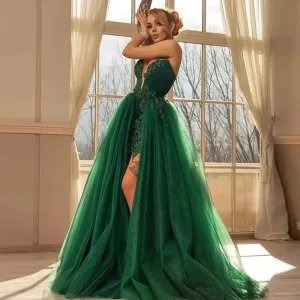 Luxury Cocktail Ball Gown Prom Dress Green Detachable Tail Formal Occasion Dresses Sweep Train Evening Dress