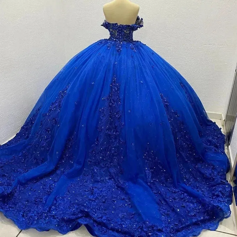 Luxury Royal Blue Quinceanera Dresses Shiny Lace Birthday Party Ball Gown Vestidos de 15 años Corset