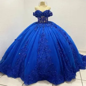 Luxury Royal Blue Quinceanera Dresses Shiny Lace Birthday Party Ball Gown Vestidos de 15 años Corset