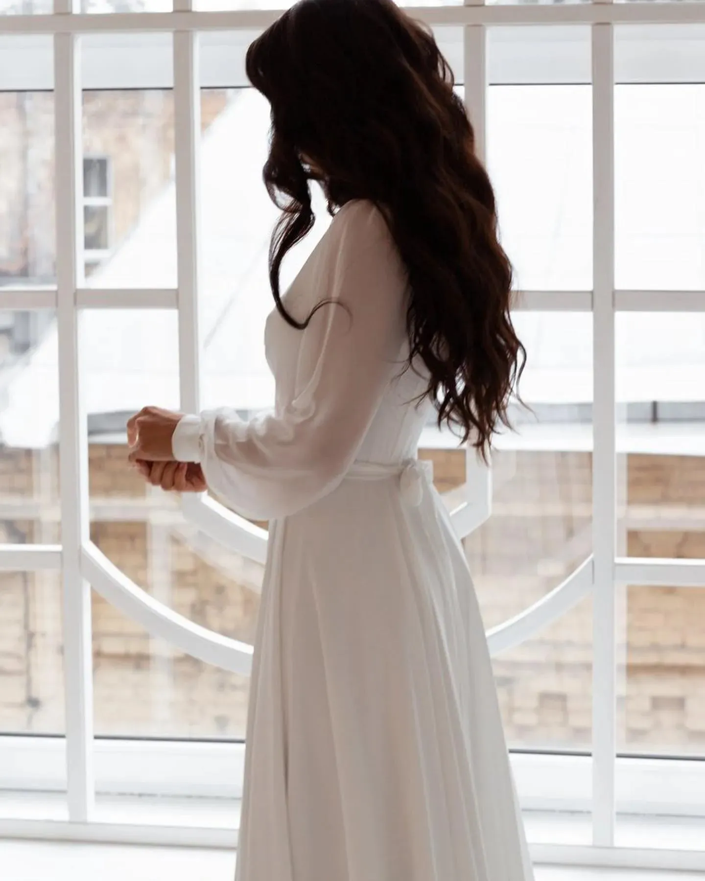 Luxury Store Chiffon Wedding Dresses White Dresses Womens A-Line vestidos boda playa Elopment Full Sleeves Vestido De Novia
