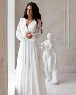 Luxury Store Chiffon Wedding Dresses White Dresses Womens A-Line vestidos boda playa Elopment Full Sleeves Vestido De Novia
