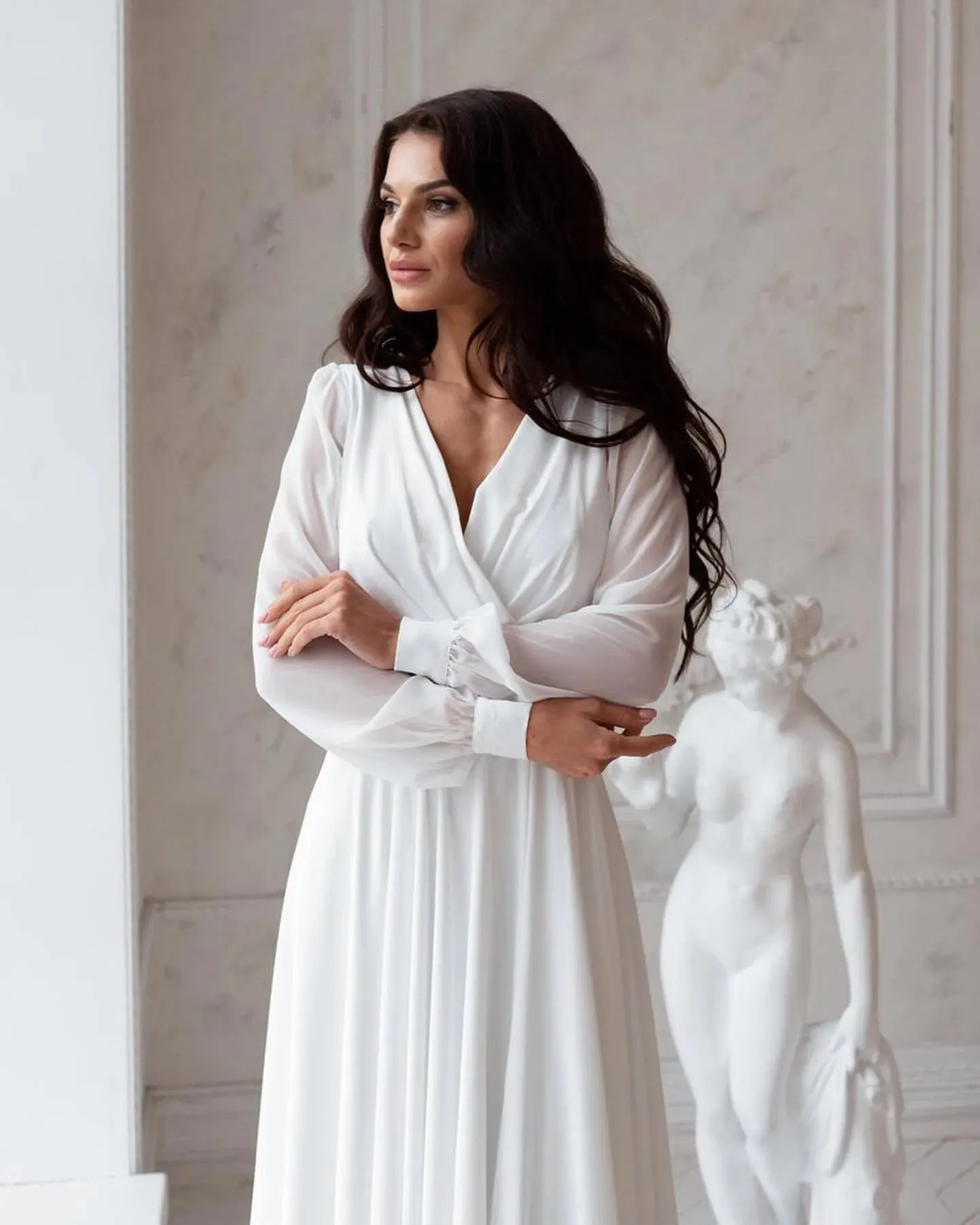Luxury Store Chiffon Wedding Dresses White Dresses Womens A-Line vestidos boda playa Elopment Full Sleeves Vestido De Novia