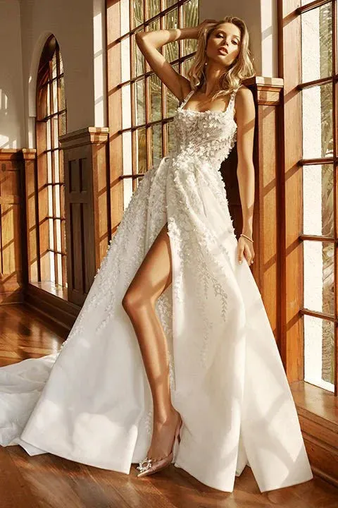 Luxury Women's Elegant Wedding Dresses 3D Decal Lace A-line Side Split Sexy Sleeveless Princess Bridal Gown Spaghetti Strap